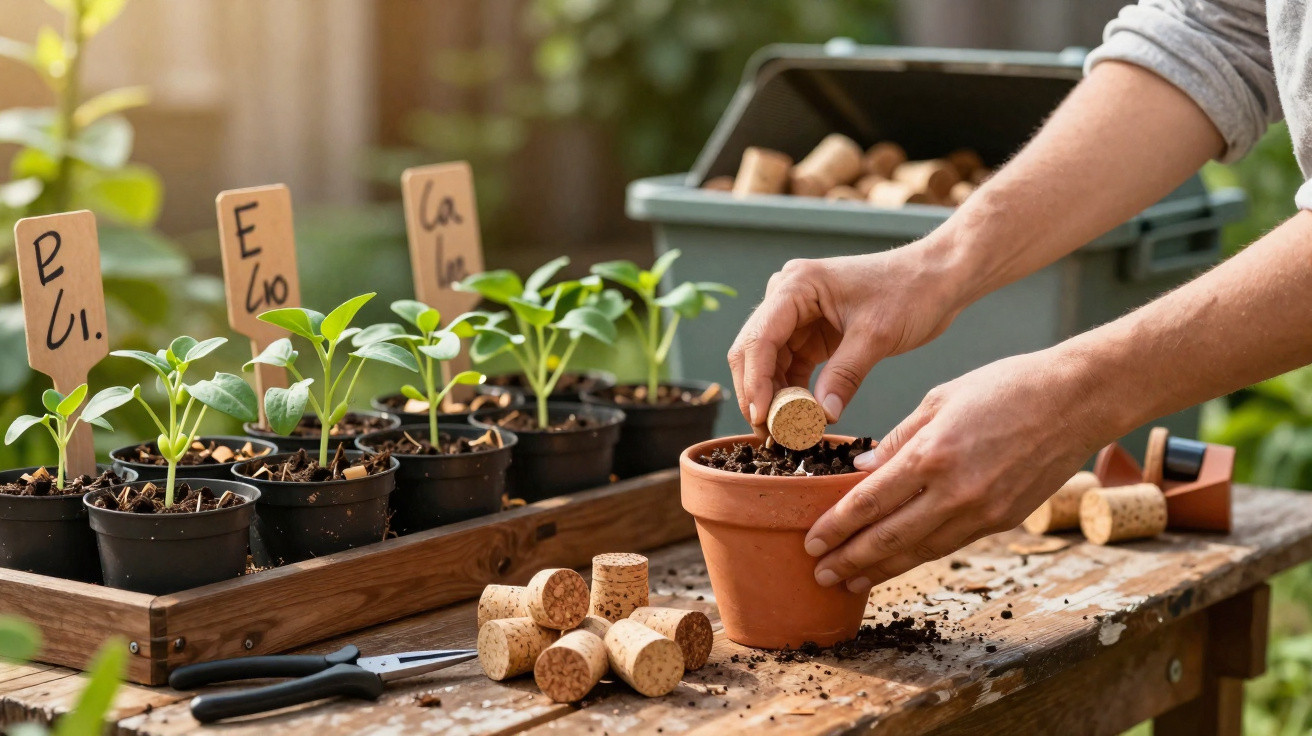 Person planting seedlings in terracotta pot with wine corks and gardening tools on wooden table.