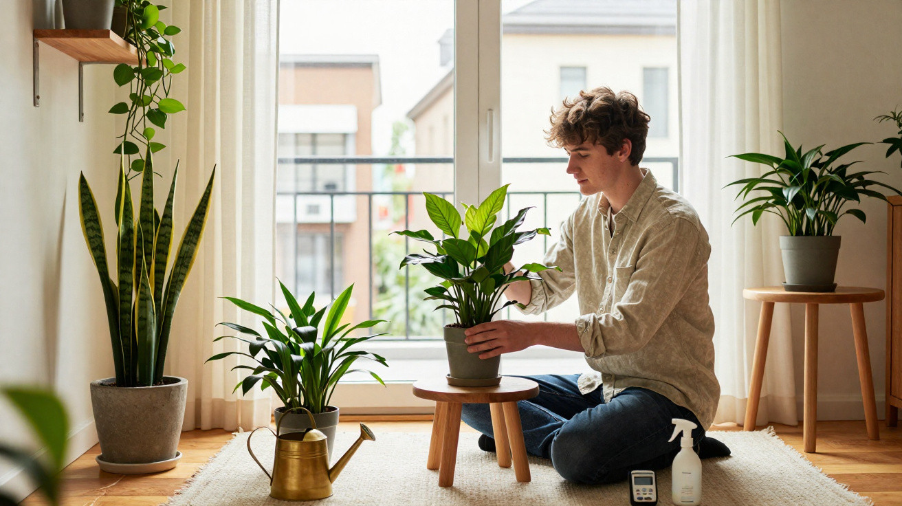 Young man tending to houseplants in a sunlit room with large windows and wooden furniture.