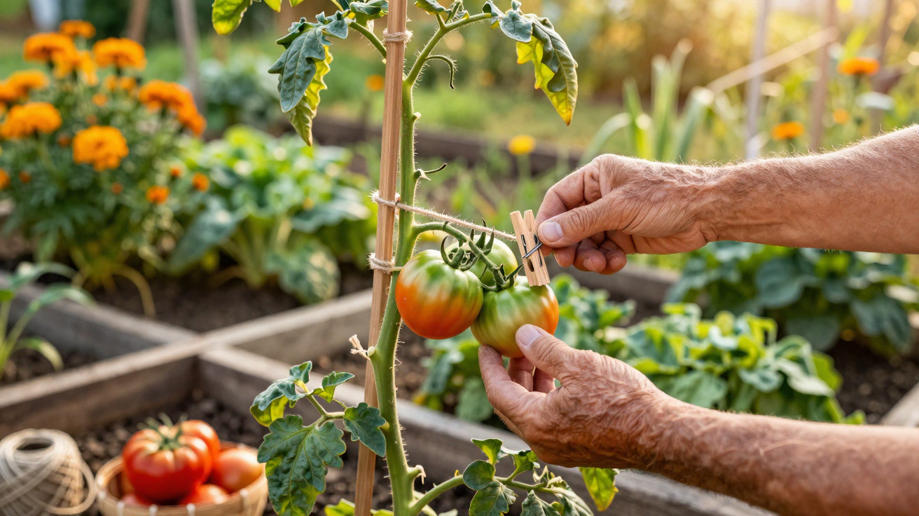 Hands tying a ripe tomato to a bamboo stake in a sunlit garden with marigolds and vegetables in the background
