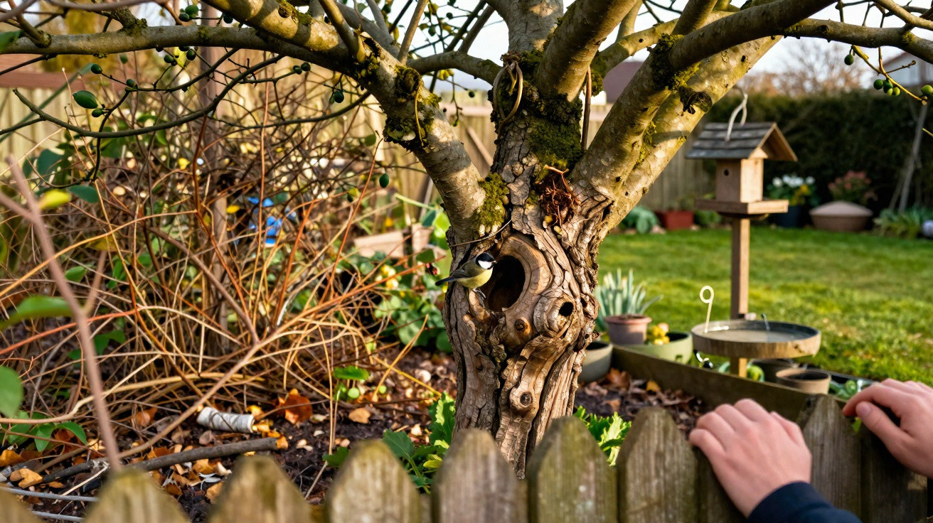 Small bird perched near a hole in an old tree trunk in a garden with a bird feeder in the background.