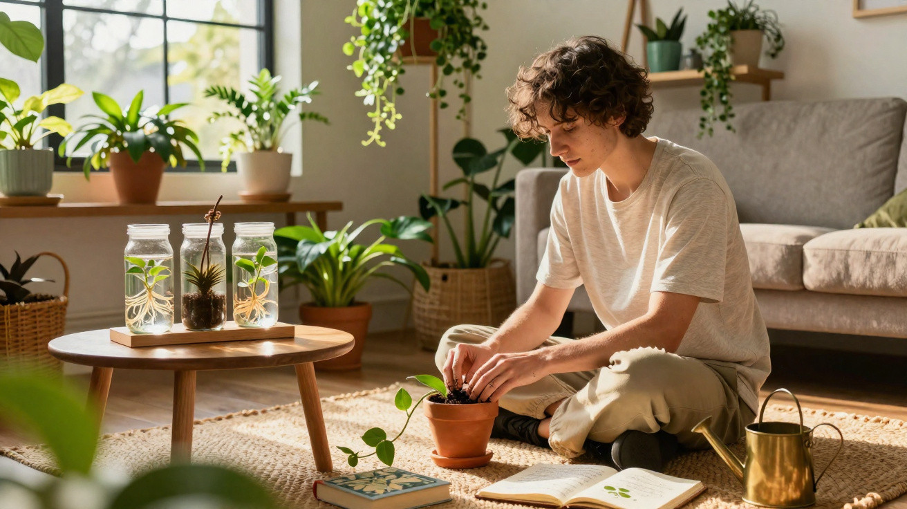 Young man gardening indoors with plants, pots, watering can, and books in a sunlit living room.