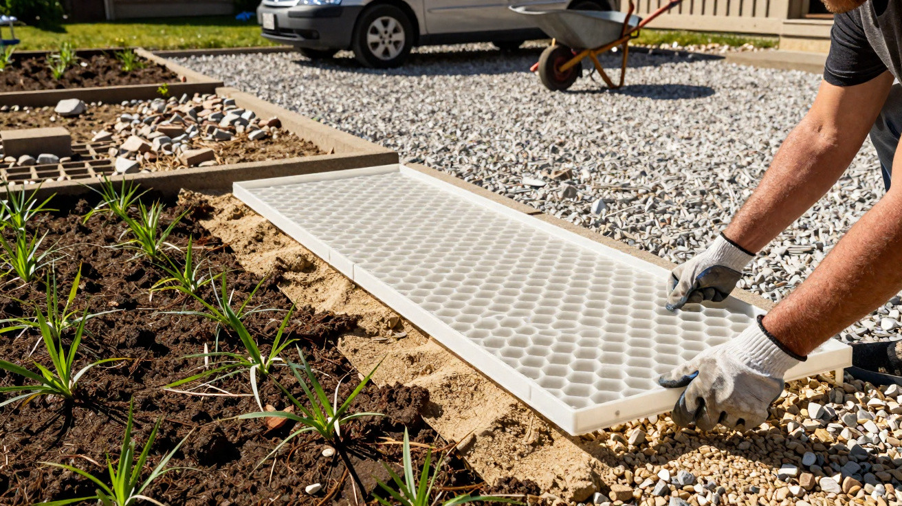 Person installing a white plastic grid panel on soil between gravel and planted garden bed.