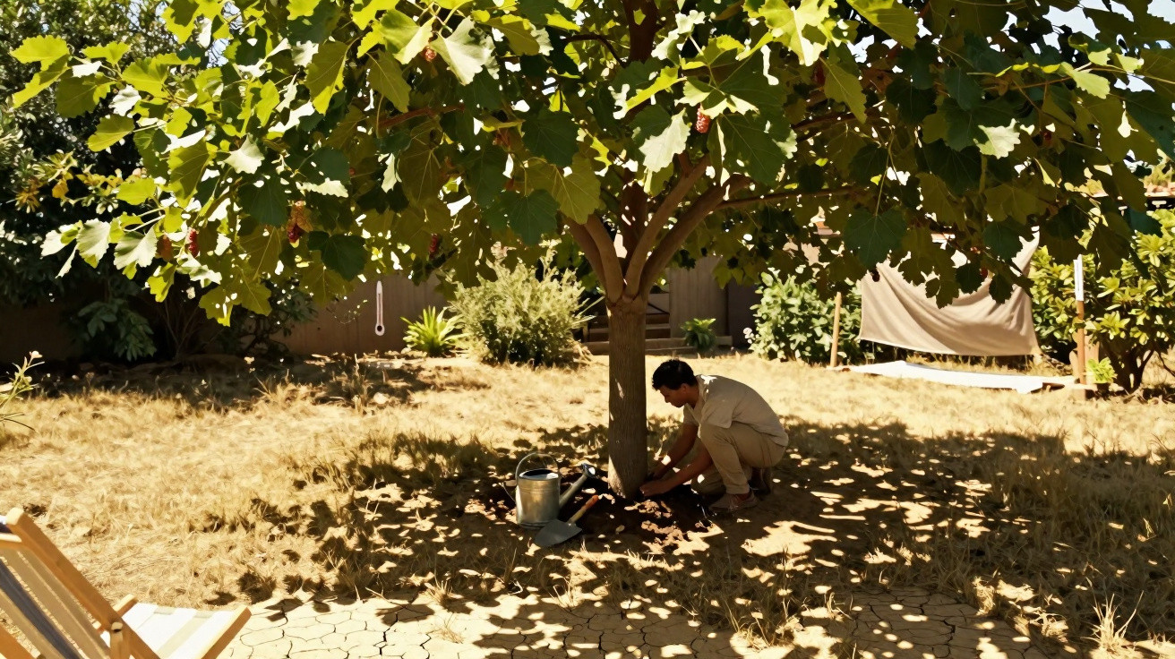 Person gardening and tending plants in shade of a leafy tree in a sunlit backyard garden.