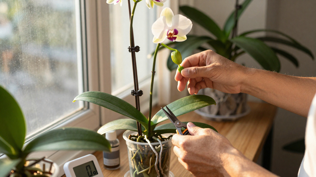 Hands pruning a white orchid flower near a sunlit window on a wooden surface with plants and a thermometer nearby.