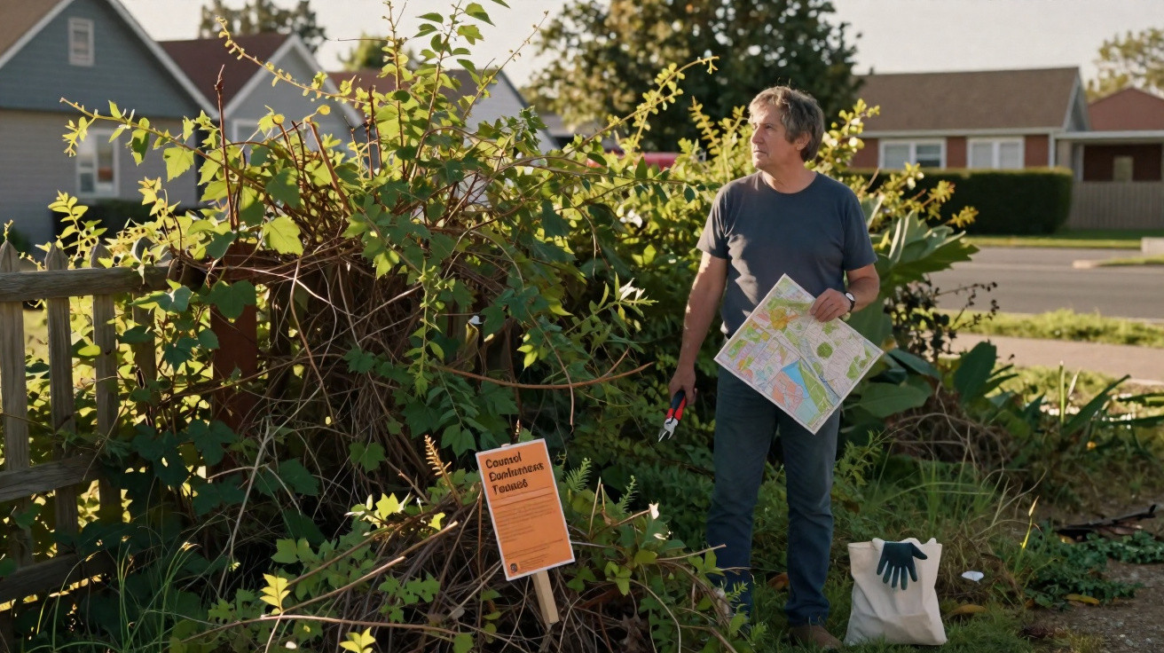 Man holding a map and garden shears standing beside overgrown plants and a sign that reads Council Downstairs Pesticide.