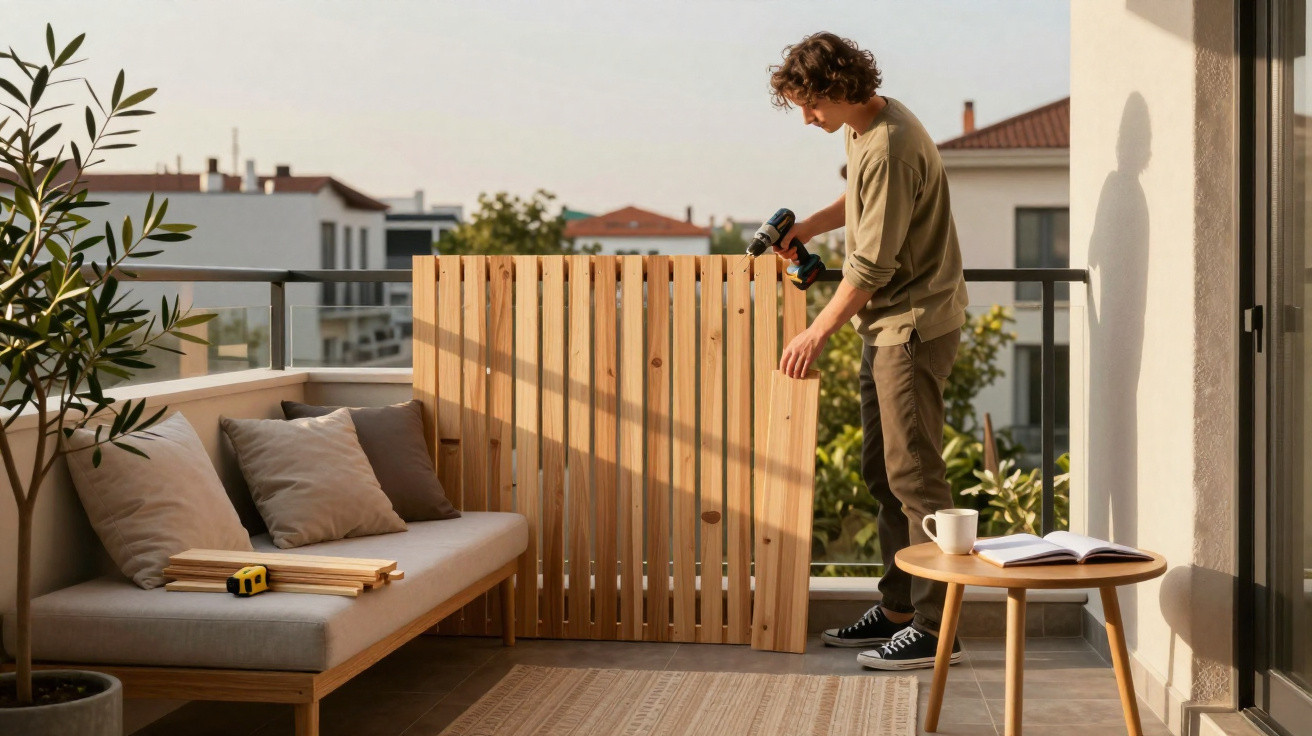 Man assembling a wooden fence panel on a balcony next to a sofa and small table with a book and coffee cup.