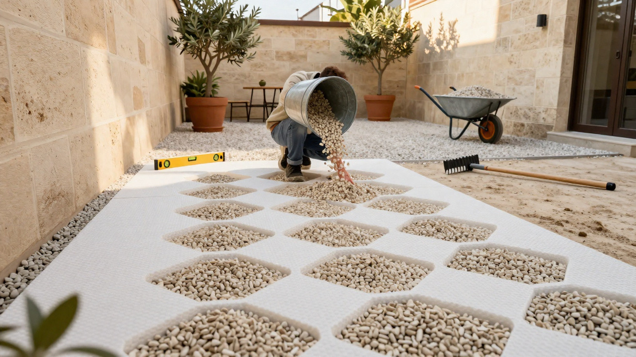 Person spreading white gravel into a geometric garden grid on a sunny patio with plants and tools nearby.