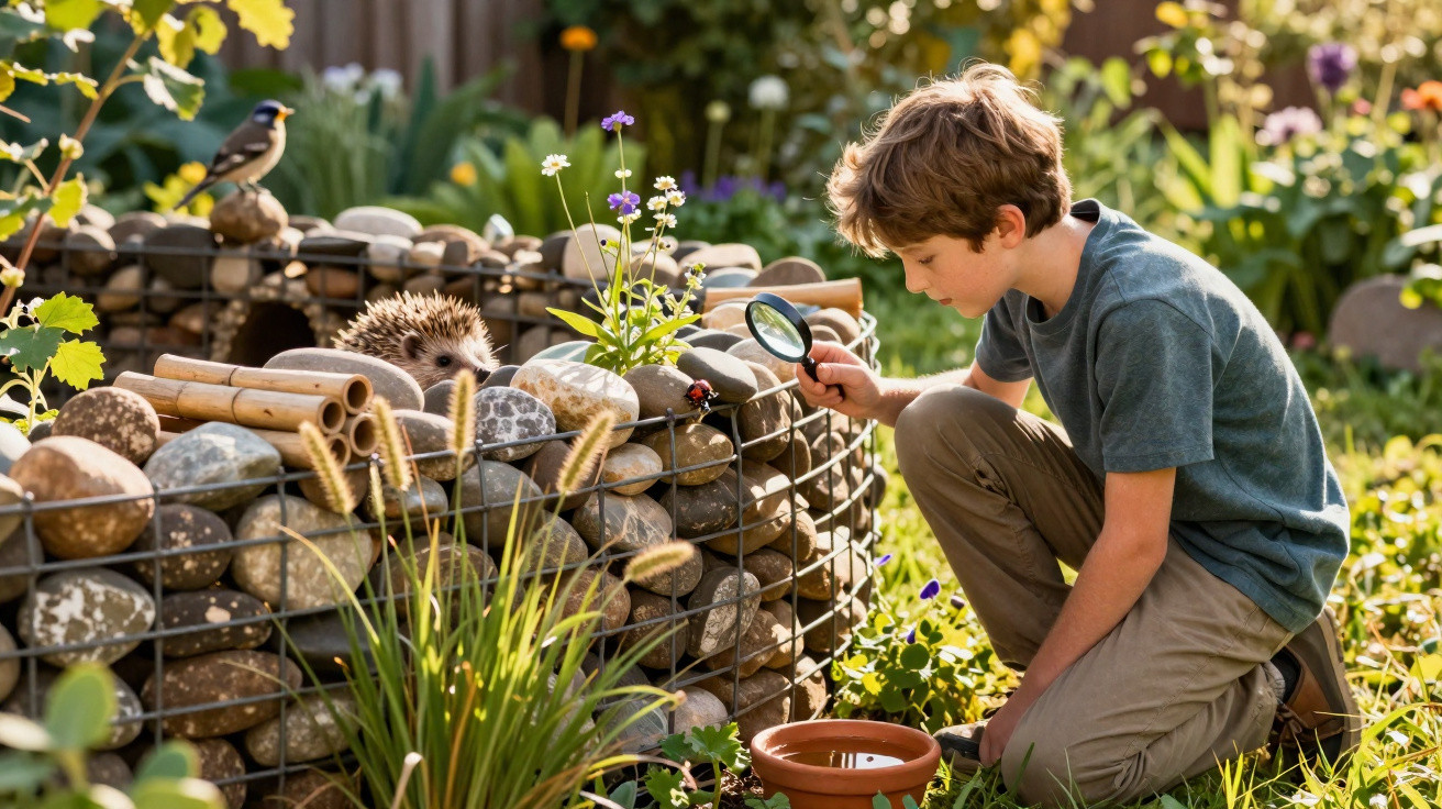 Young boy examining ladybird with magnifying glass near garden stones, hedgehog, and bird on sunny day