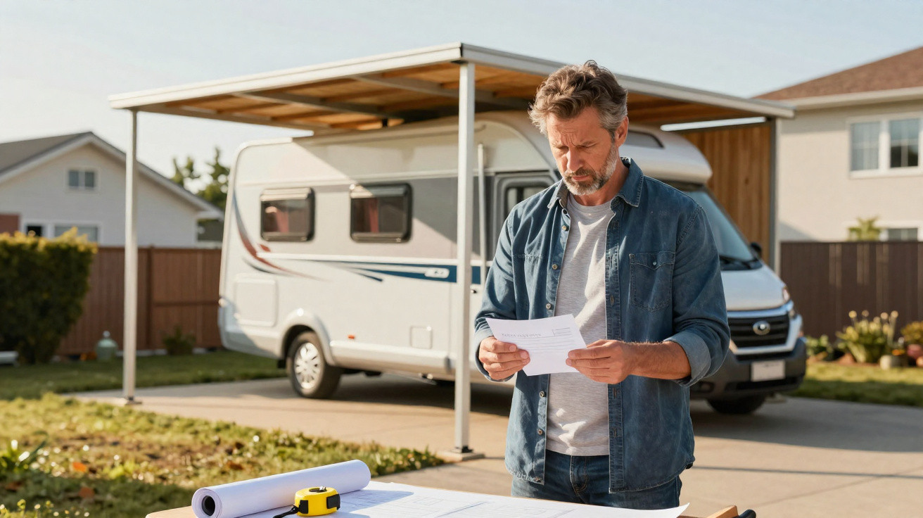 Man in denim shirt reading a document outdoors beside a table with plans and a camper van in the background.