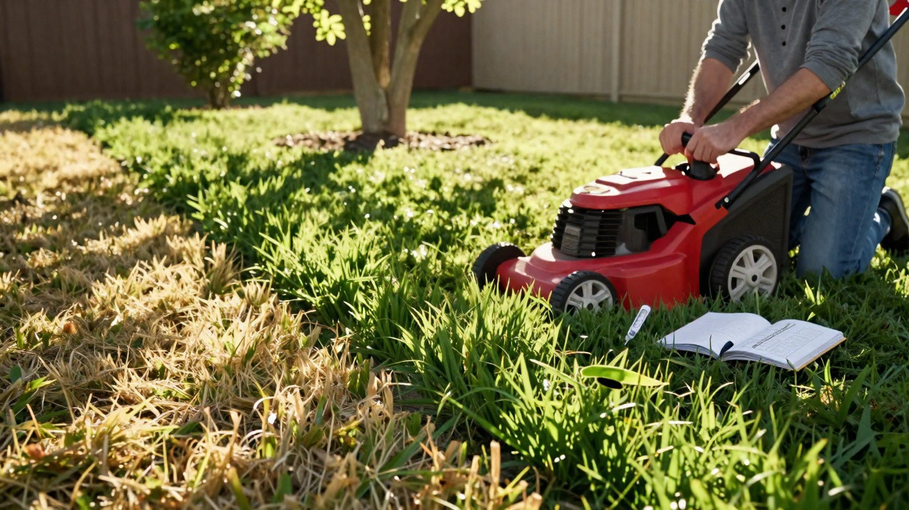 Person kneeling to start a red lawn mower on uncut grass next to a notebook, in a sunny garden.