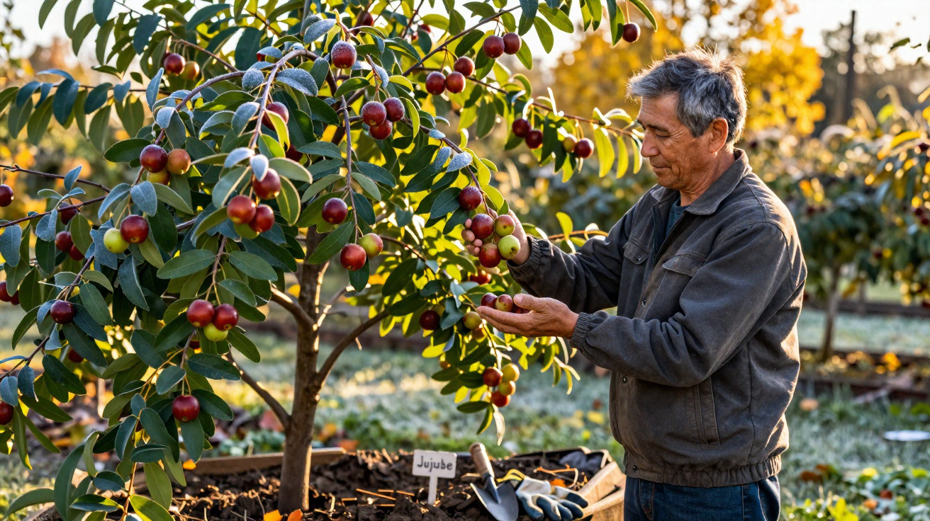 Man harvesting ripe jujube fruits from a small tree in a garden at golden hour.