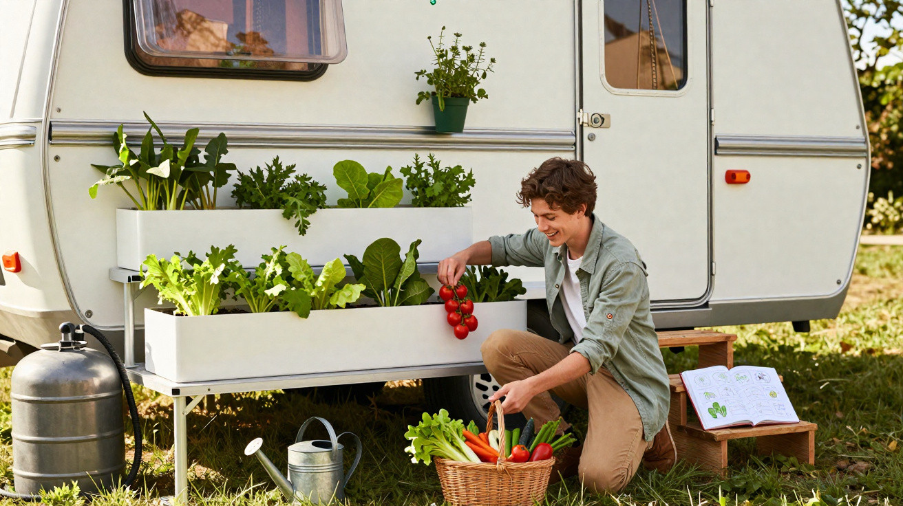Young man harvesting fresh vegetables from planters attached to a caravan in a sunny garden.