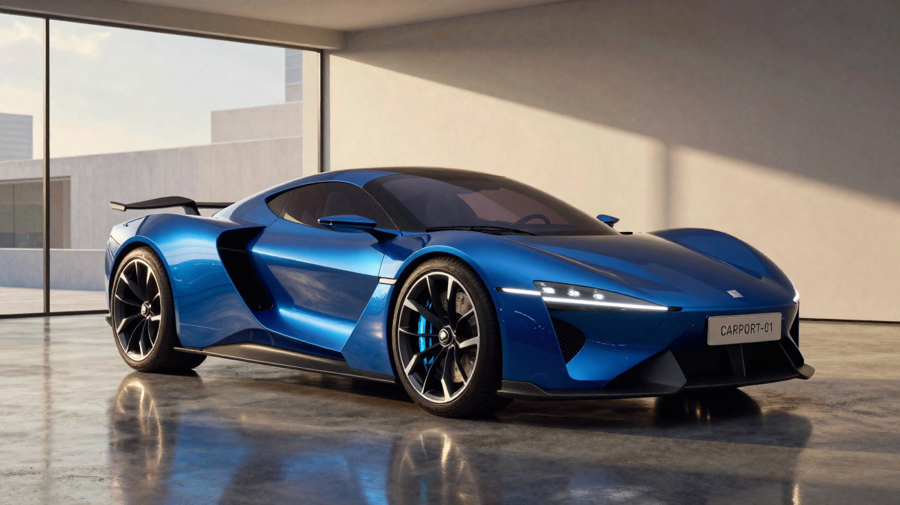 Blue modern sports car with sleek design parked indoors on polished floor near large windows.