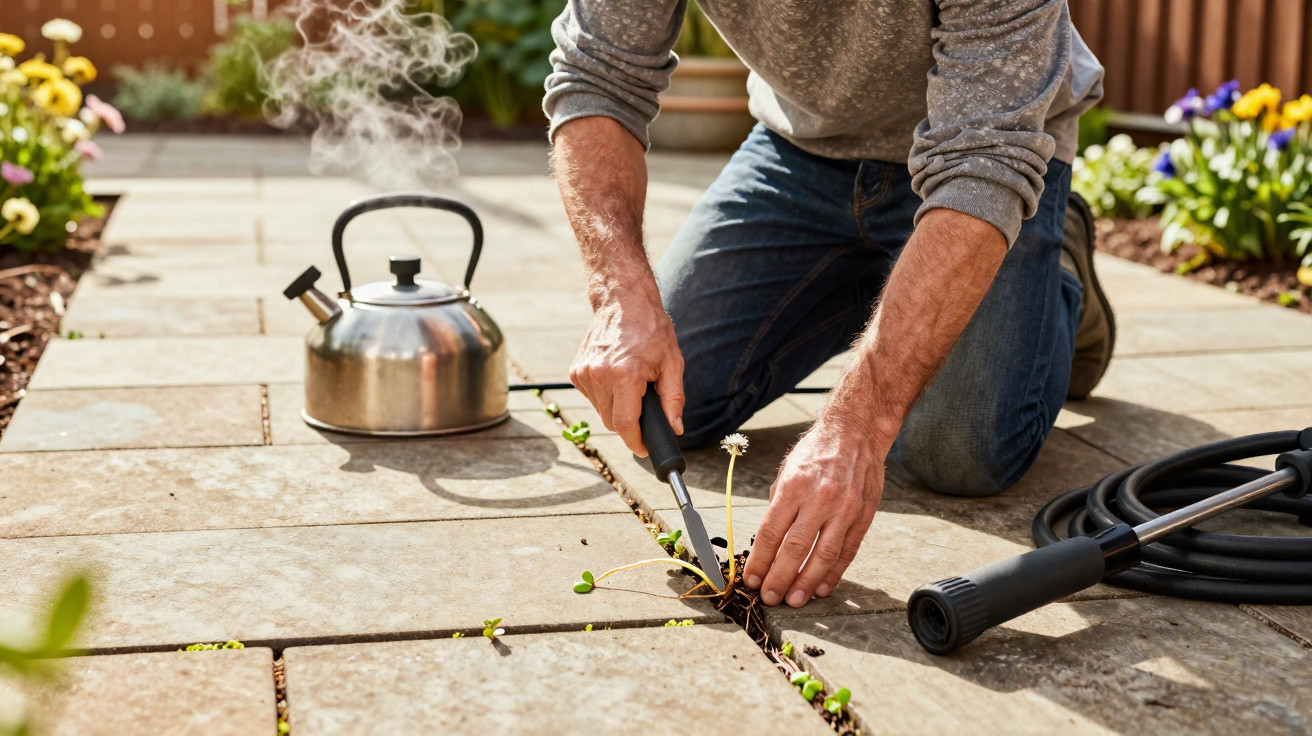 Person kneeling on a patio removing weeds from between paving stones with a knife, a steaming kettle nearby.