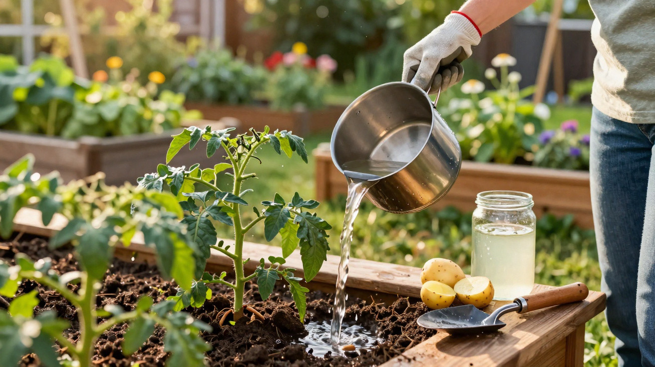Person watering young tomato plants in a raised garden bed with a metal watering can on a sunny day.