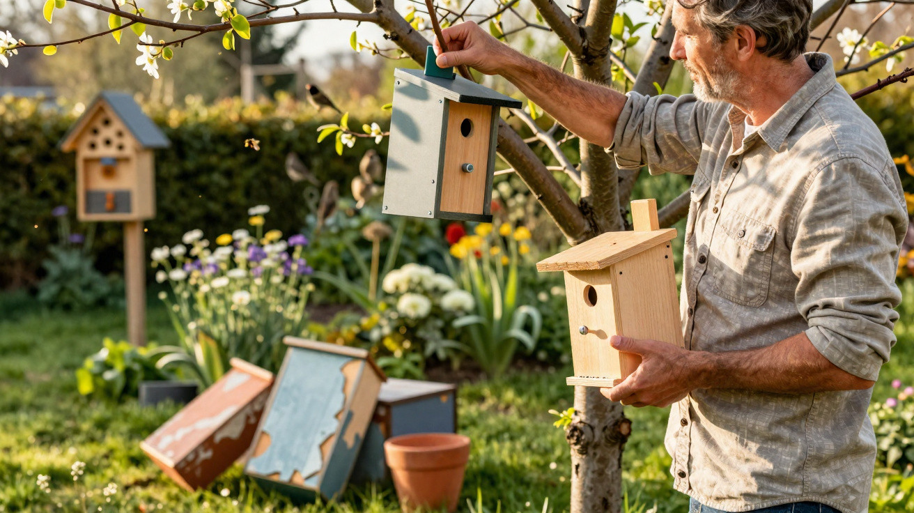Man installing wooden birdhouses on tree branches in a garden with flowers and greenery in the background