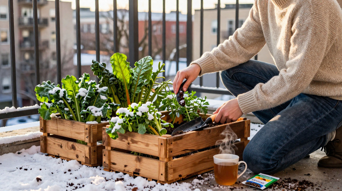 Person gardening leafy greens in wooden crates on snowy balcony with steaming cup of tea nearby