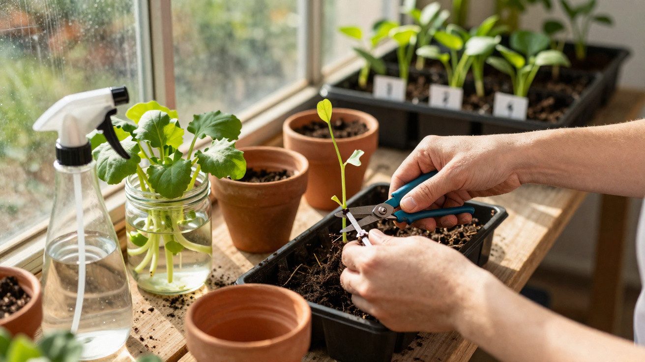Hands using pruning shears to trim seedlings on a sunny windowsill with pots and a spray bottle nearby.