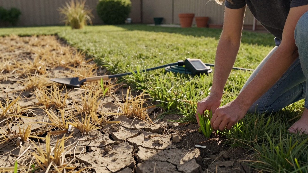 Person planting green shoots in dry, cracked soil next to patchy grass in a sunny garden.
