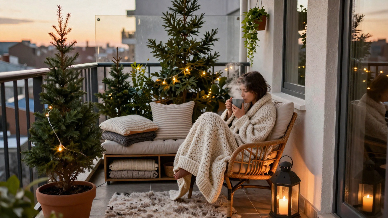 Person wrapped in a knit blanket sipping a hot drink on a decorated balcony at sunset with fairy lights and candles.