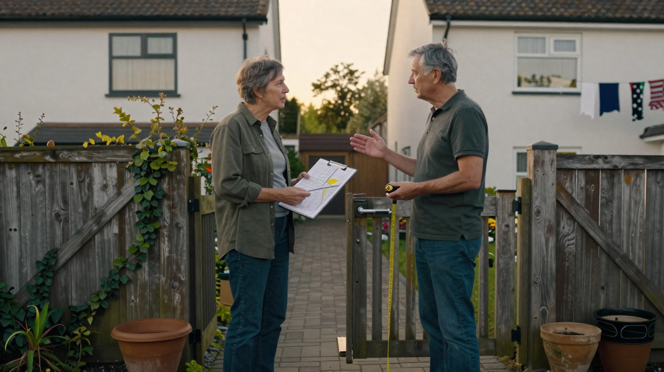 Two people discussing a garden gate with a clipboard and tape measure between suburban houses.