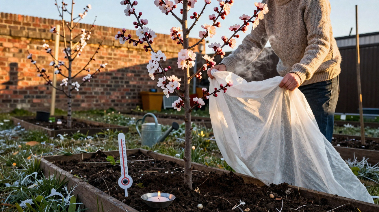 Person covering a blooming fruit tree in a garden with frost and a candle for frost protection.