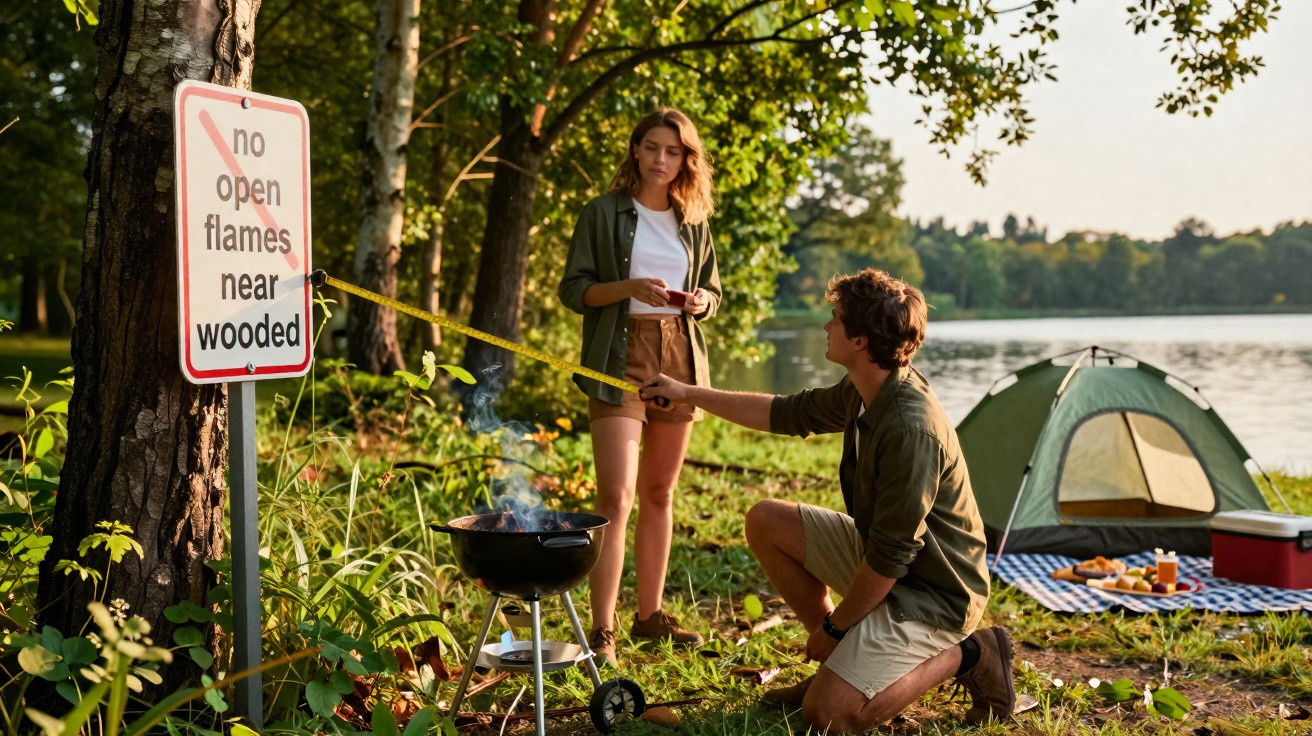 Couple barbecuing near lake with a "no open flames near wooded" sign visible beside them.