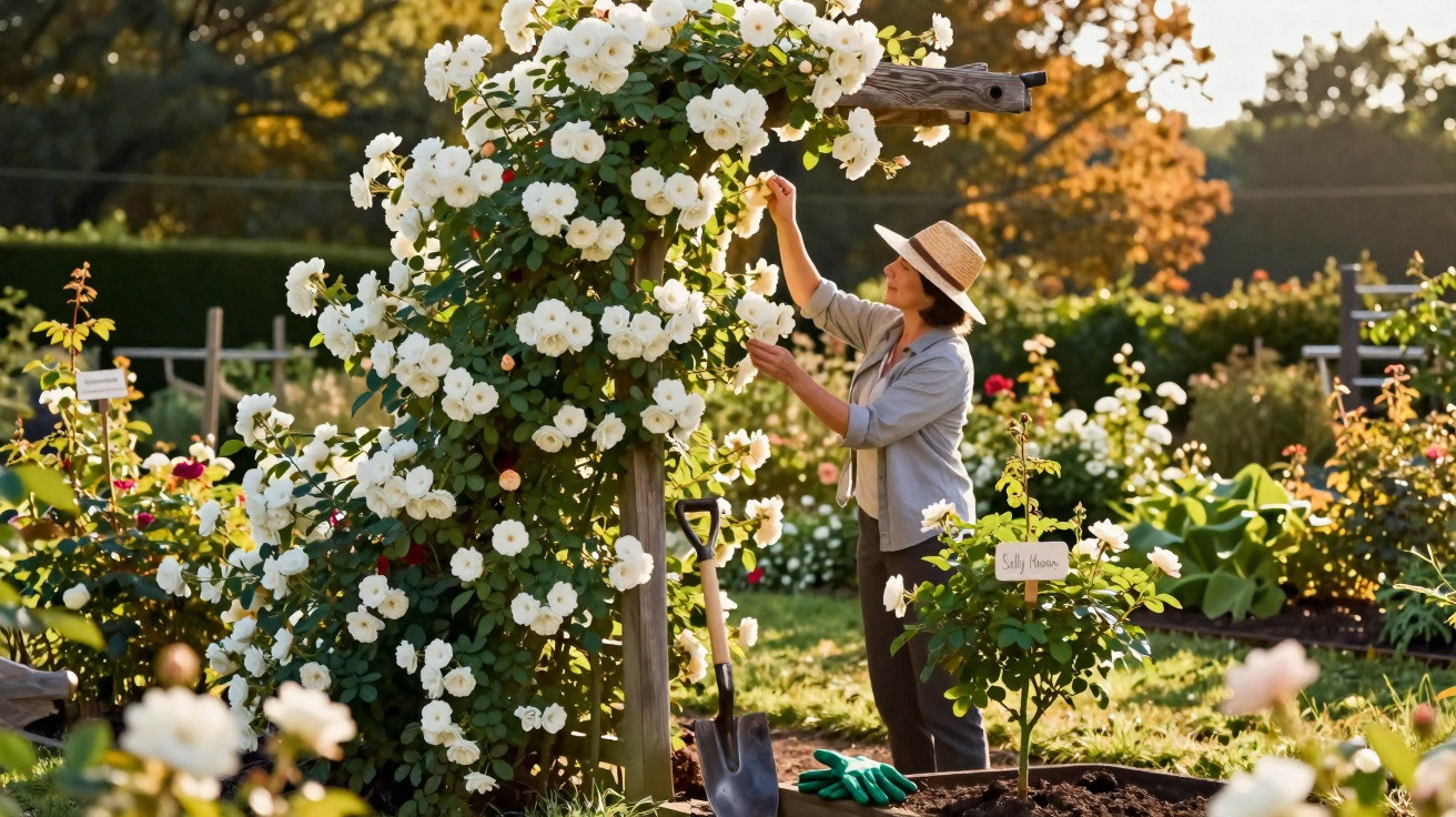 Woman wearing a straw hat tending to blooming white roses in a sunlit garden with gardening tools nearby.