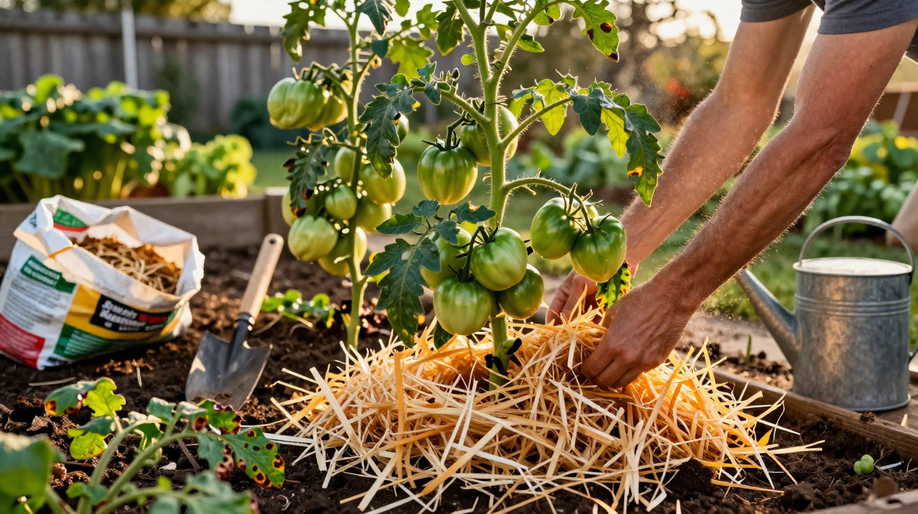 Person mulching soil around green tomato plants in a garden with gardening tools nearby.