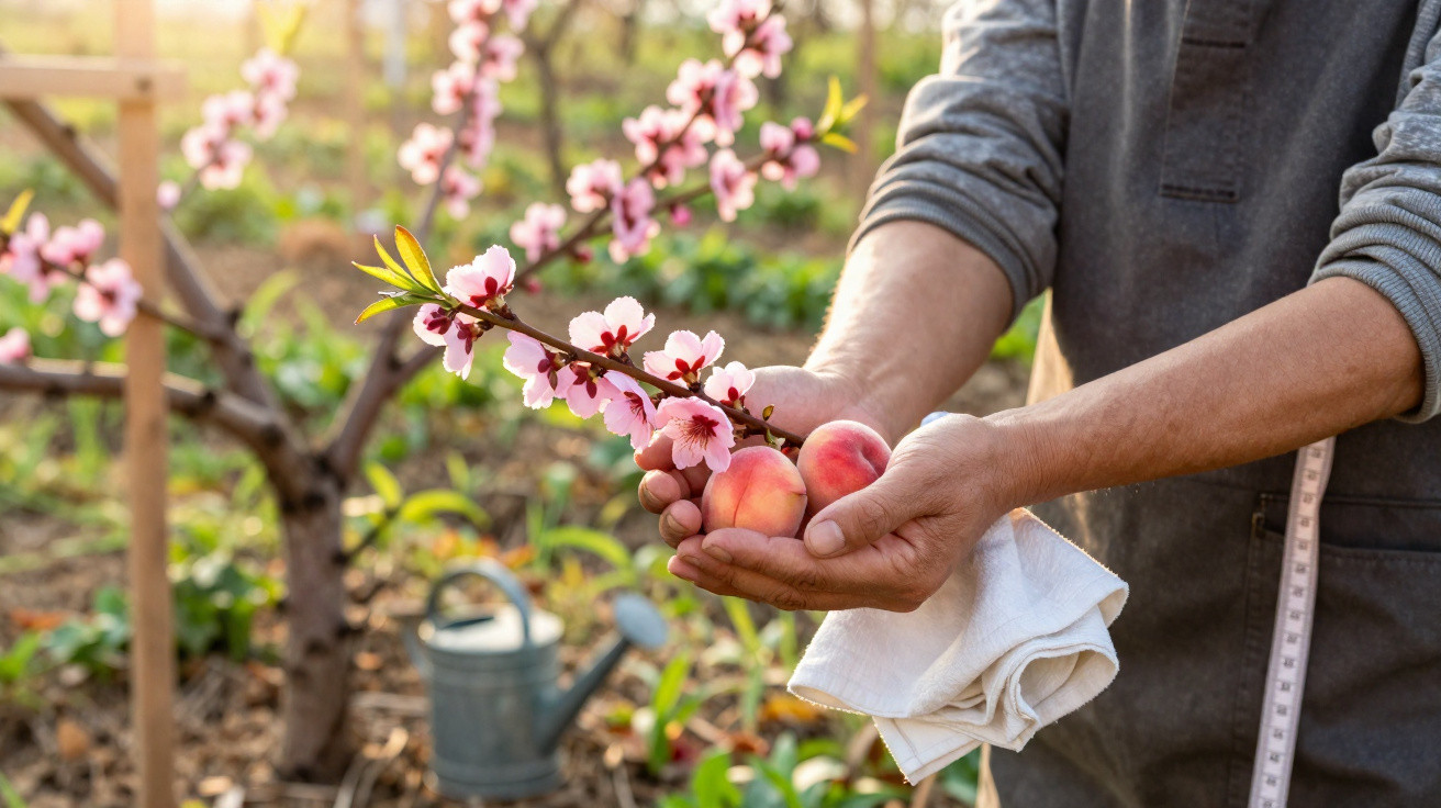 Person holding ripe peaches and a flowering branch in a sunlit garden with a watering can in the background.