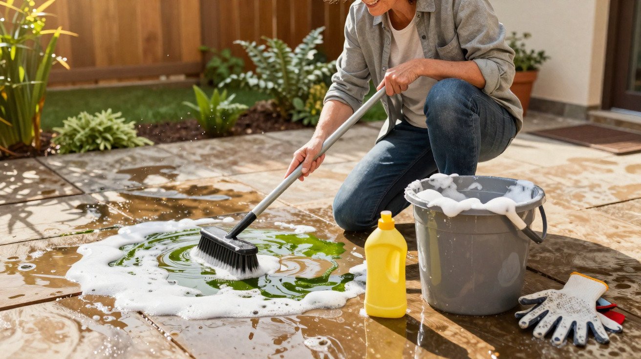 Person scrubbing garden patio with a brush, bucket of soapy water, cleaning liquid, and gloves nearby.