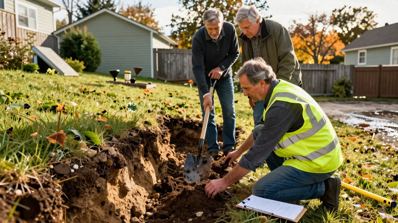 Three men inspecting soil in a shallow trench in a residential garden during autumn.
