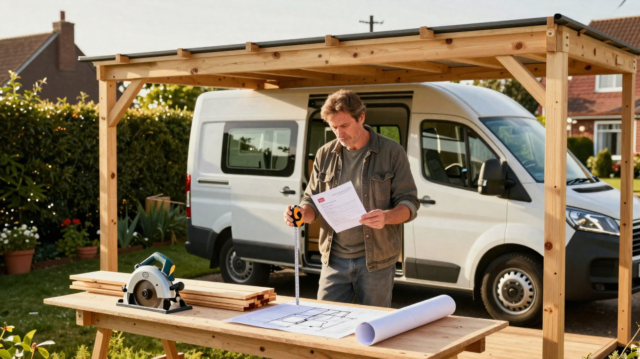 Man measuring wood with tape measure and blueprint on table under wooden shelter in garden with white van behind