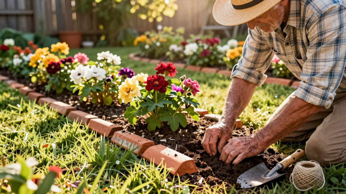 Elderly man in a straw hat planting colourful flowers in a sunny garden bed bordered with bricks.