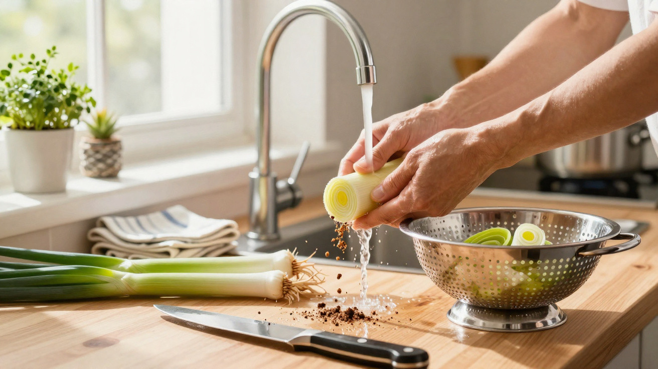 Person washing chopped leeks under running tap water next to a colander and kitchen knife on wooden countertop.