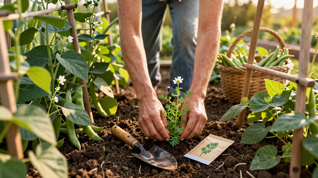 Hands planting a small flowering plant in soil next to a garden trowel and seed packet in a vegetable garden.