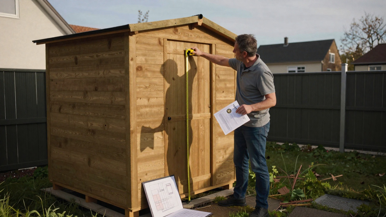 Man measuring the height of a wooden garden shed while holding assembly instructions outdoors.