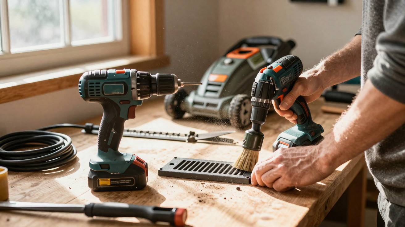 Person using a cordless drill with brush attachment to clean a vent cover on a wooden workbench.