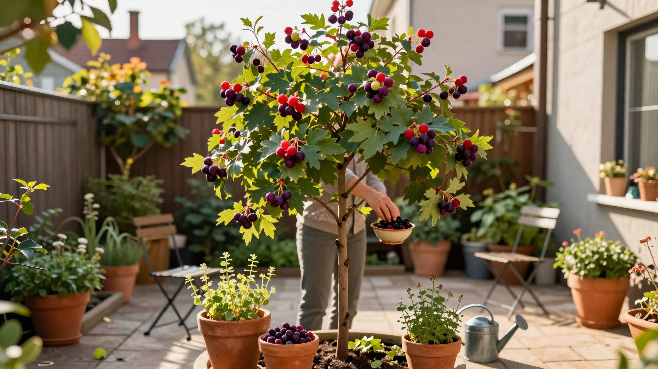 Person picking ripe berries from a small tree in a sunny, potted garden patio.