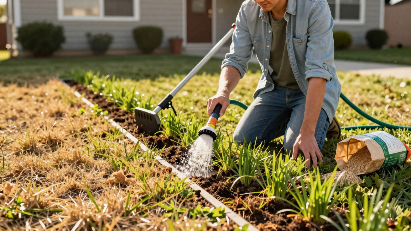 Person kneeling in garden bed watering plants with hose near a bag of fertilizer pellets on dry lawn.