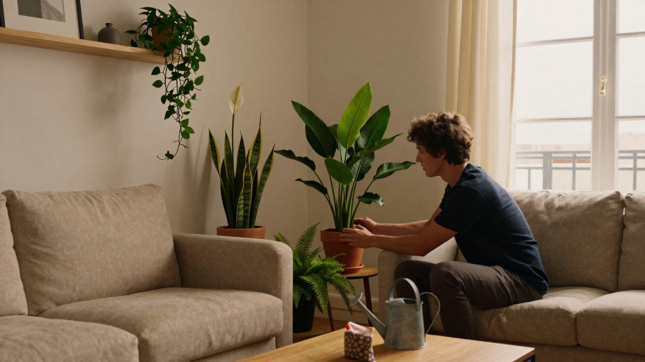 Person caring for a potted plant in a cosy living room with beige sofas and indoor plants by a window.