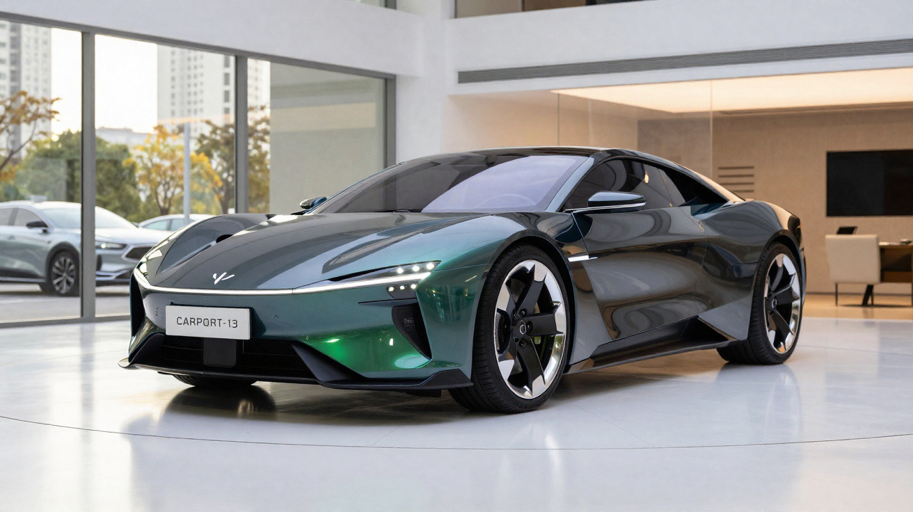 Sleek dark green futuristic electric sports car displayed in a modern showroom with large glass windows.