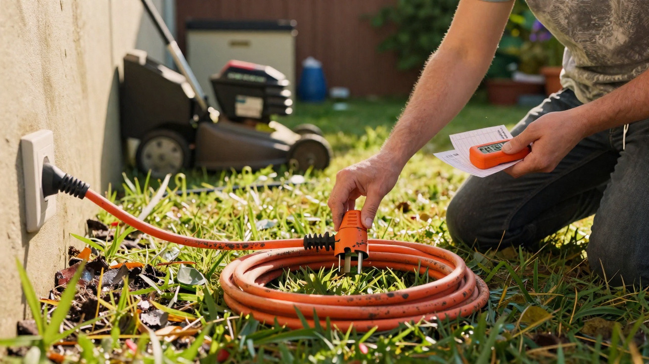 Person kneeling on grass connecting an orange extension cord to an outdoor wall socket with a lawnmower in the background.