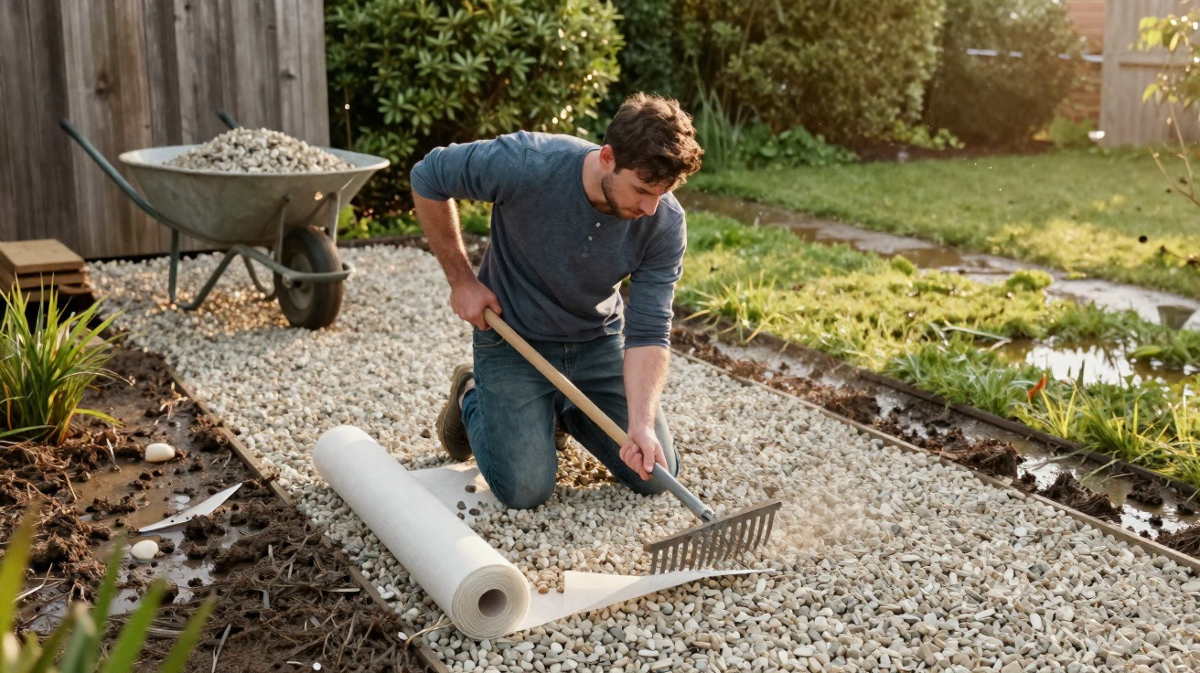 Man kneeling and raking gravel on a garden path beside a rolled landscape fabric and wheelbarrow.