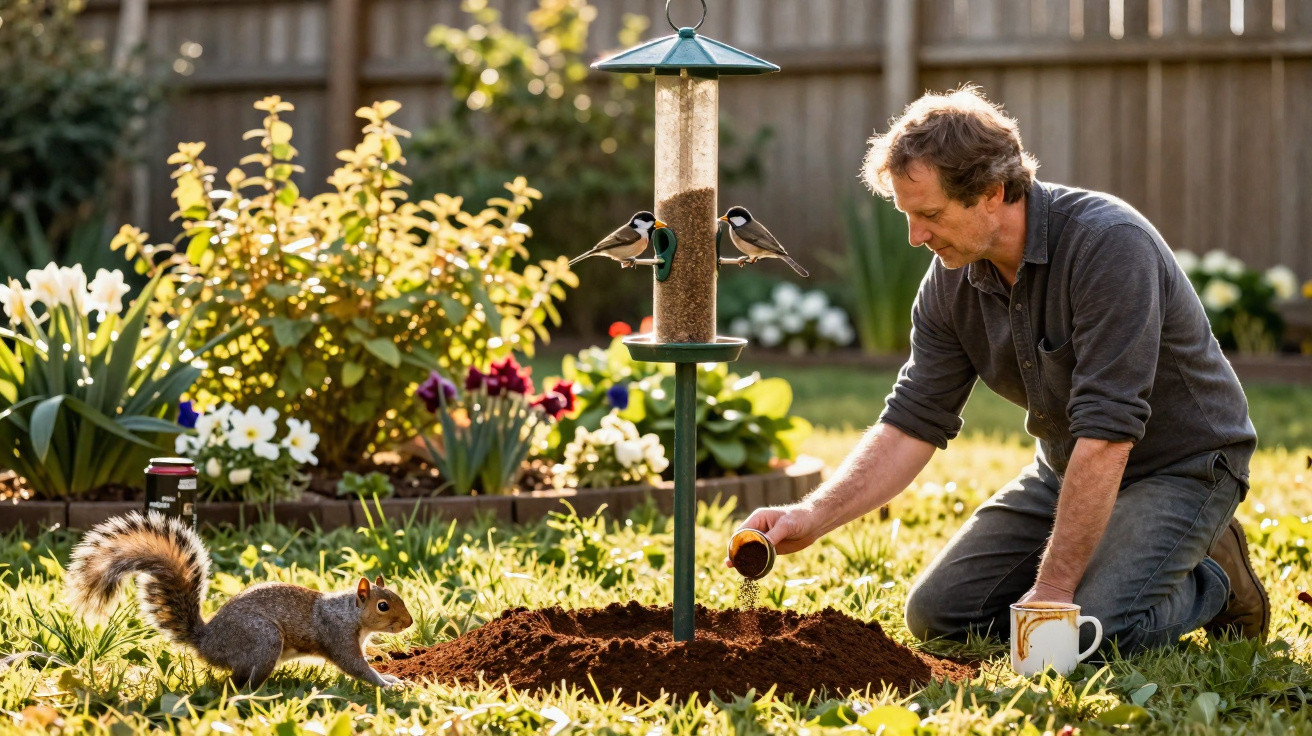 Man kneeling in garden refilling bird feeder with birds perched and squirrel nearby in daylight.