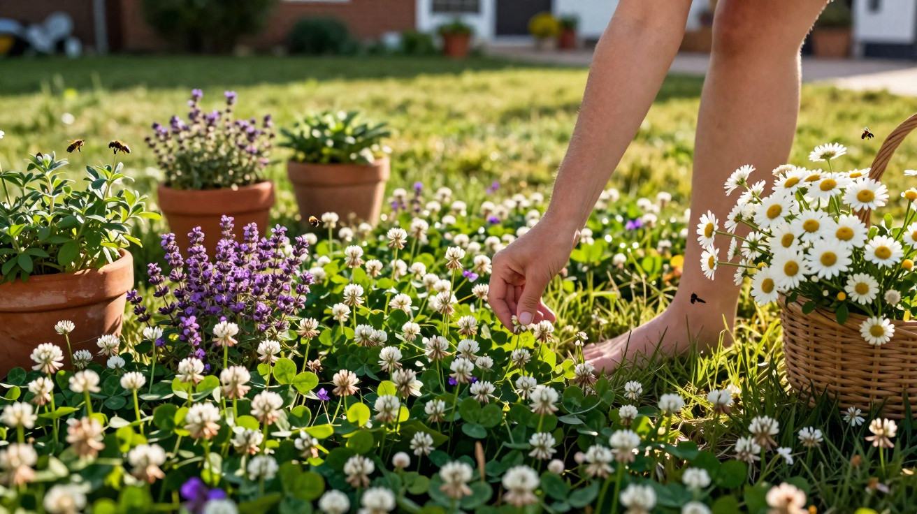 Person picking white clover flowers in a sunny garden with potted plants and a basket of daisies nearby.