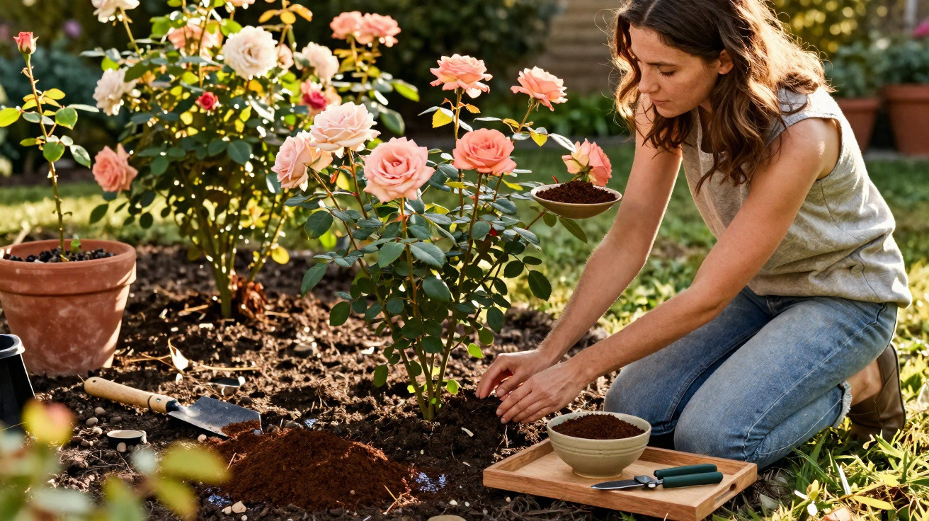 Woman kneeling and planting pink roses in a garden with gardening tools and soil nearby on a sunny day.