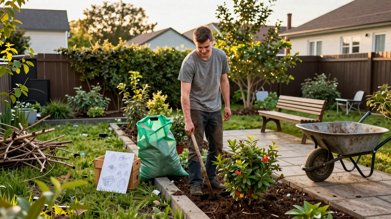 Young man digging soil in a garden bed with a wheelbarrow and gardening tools in a backyard.