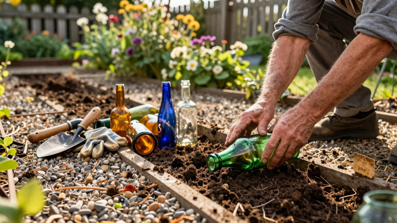 Person burying glass bottles in garden soil with gardening tools and gloves nearby on pebbled path.
