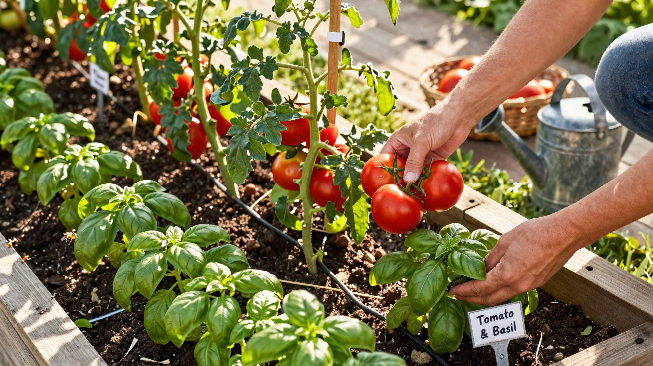Hands harvesting ripe tomatoes from a garden with basil plants in a wooden raised bed labelled Tomato & Basil.